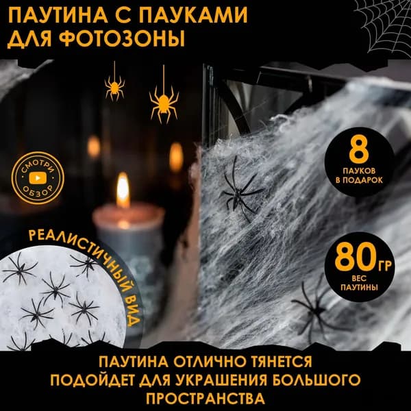 Украшение в комнату паутинка, с пауками 8 шт., набор