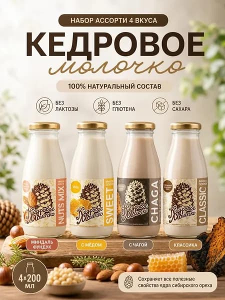 Кедровое молочко набор ассорти 4 разных вкуса по 200 мл