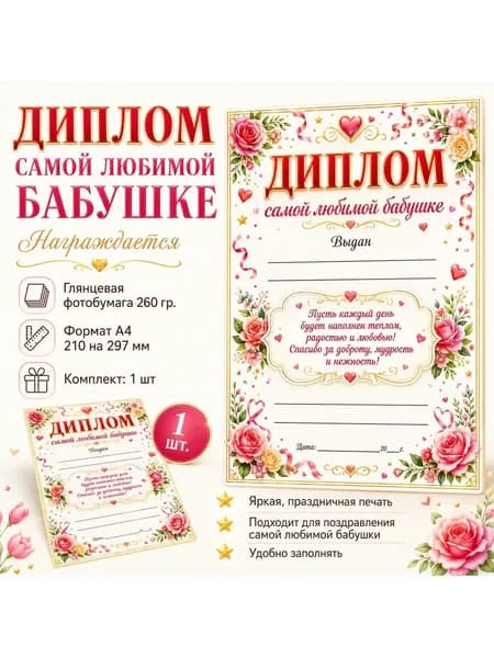 Диплом самой любимой бабушке А4, 1 шт.