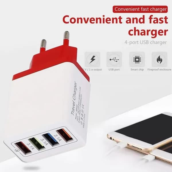 USB-зарядное устройство, 4 порта, 5 В/1 А, евроразъём, красный