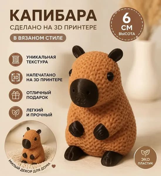 Капибара, вязаный стиль, высота 6см, оригинальный подарок и декор для дома. 3д фигурка