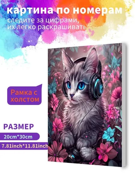 Картина по номерам на холсте с подрамником 20х30 "Кот в наушниках" / набор для творчества