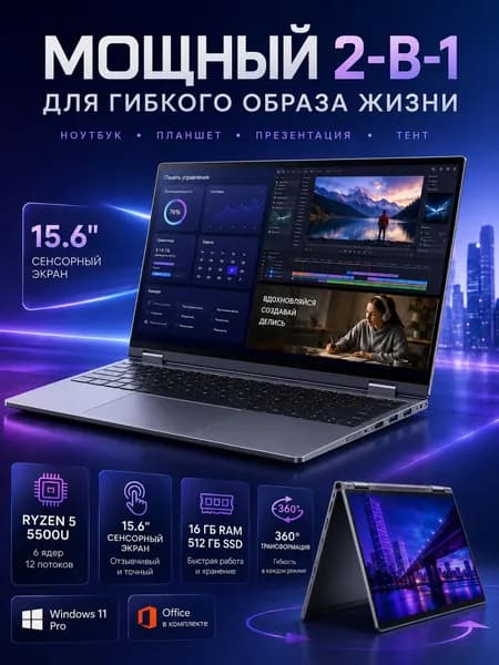 Ninkear YBOOK 15 Max(Двойная ОЗУ и SSD,6 ядер,360° флип сенсорный экран)2 в 1 офиса работы и учебы Мощный  Игровой ноутбук 15.6", AMD Ryzen 5 5500U, RAM 16 ГБ, SSD 512 ГБ, AMD Radeon, Windows Pro, серый металлик, Русская раскладка
