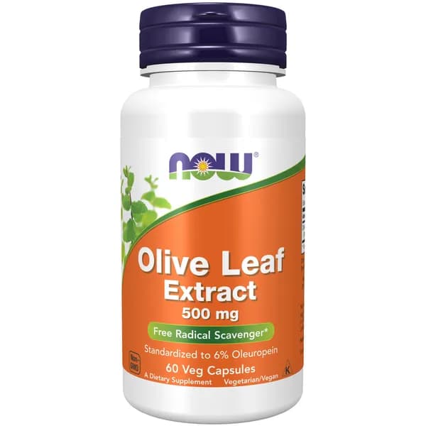 NOW Olive Leaf Extract 500mg, Листья оливы экстракт, 60 растительных капсул, Антиоксидант для иммунитета взрослым, для сердца и сосудов, противовирусное, от грибка