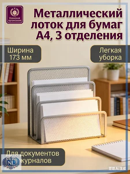 Лоток для бумаг вертикальный металлический А4, 3 отделения, серебристый сетчатый органайзер для документов и папок на стол