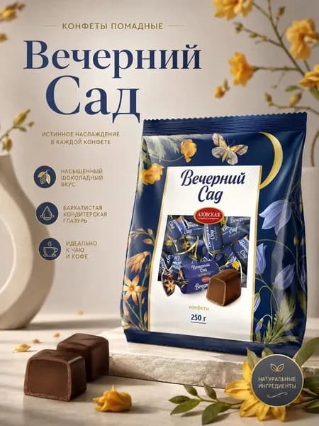 Конфеты помадные глазированные Азовская кондитерская фабрика "Вечерний Сад" со вкусом Шоколада, 250г.