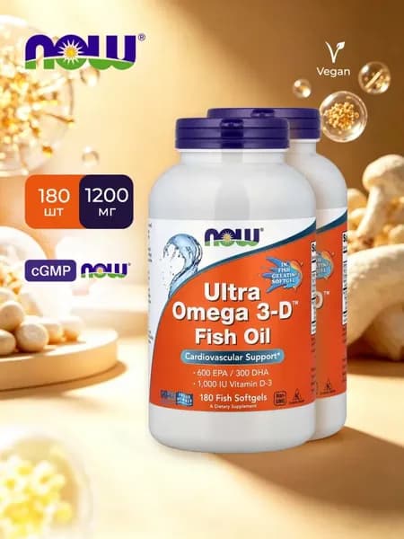 NOW Ultra 0mega 3-D Ультра омега с витамином D3 90 капсул для здоровья сердца, НС и мозга