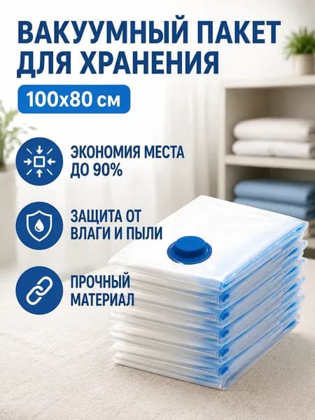 Вакуумный компрессионный мешок для одежды и постельного белья, особо большой 100 80 см, прозрачный с синей каймой, с клапаном