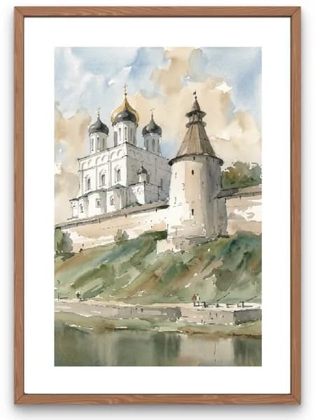 Постер на стену для интерьера "Города России. Акварель. Псков", 1 шт, 21х30 см, без рамок / сувенир