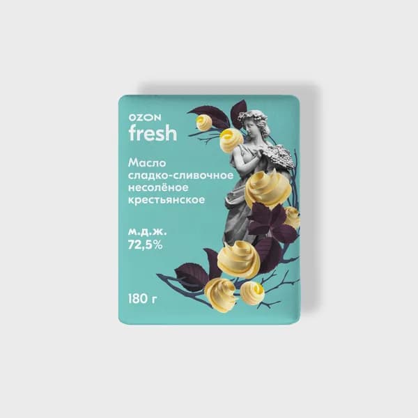 Масло сладко-сливочное несолёное Крестьянское 72,5%, 180 г, Ozon fresh