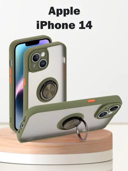 Чехол для айфон 14 / iphone 14, зеленый хаки, с кольцом, магнитный, подставка, защита камеры
