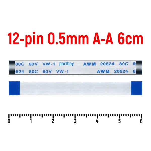 Шлейф FFC 12-pin Шаг 0.5mm Длина 6cm Прямой A-A AWM 20624 80C 60V VW-1
