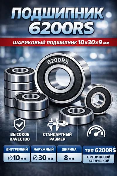 Подшипник 6200RS закрытый (10X30X9 мм) шариковый