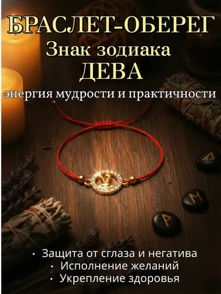Браслет Красная нить желаний, Знак Зодиака Дева золотистый, Оберег на удачу