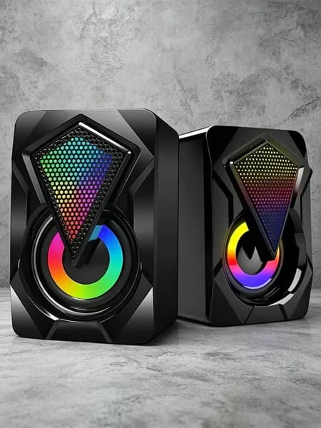 GJX Компьютерные колонки с RGB подсветкой, стерео динамики с эффектом surround bass, USB питание, 3.5 мм, для ПК, ноутбуков, смартфонов, ТВ.