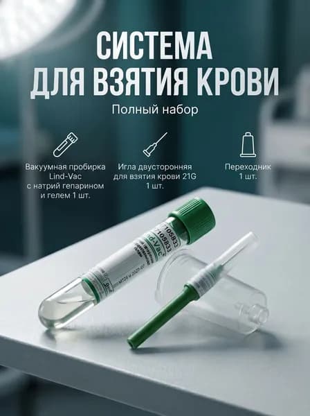 6. Система для взятия крови, для плазмолифтинга: Переходник 1 шт.; Игла двусторонняя для взятия крови 21G 1 шт.; Вакуумная пробирка Lind-Vac с натрий гепарином и гелем 1 шт.