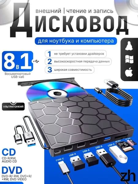 Внешний дисковод для ноутбука и компьютера для чтения и записи CD / DVD с USB 2.0, 3.0, Type-C