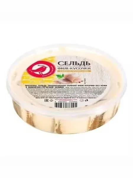 Сельдь солёная АШАН Красная птица кусочки филе в майонезно-горчичной заливке 350 г