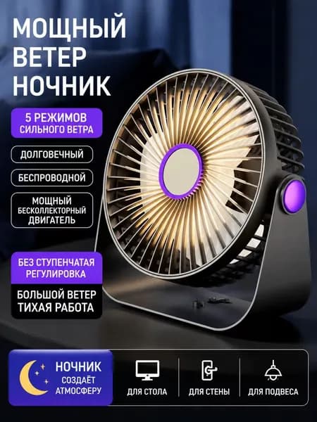 Сероватый Настольный Вентилятор с Ночником и 5 Режимами: Бесшумный USB-Вентилятор для Комнаты, Стола, Стены и Подвеса; Мощный Бесколлекторный Двигатель