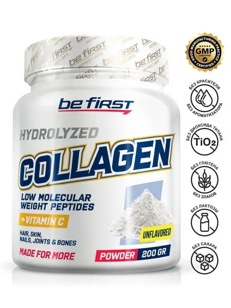 Препарат для кожи, связок и суставов гидролизованный коллаген Be First Collagen + vitamin C powder 200 гр, натуральный вкус