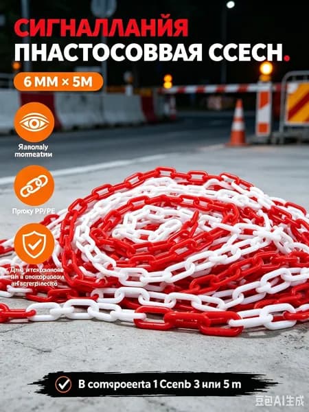Сигнальная оградительная цепь пластиковая , длина 5 м, для ограждения дорожных столбиков и конусов