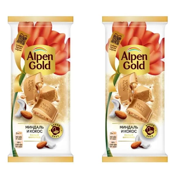 Alpen Gold Шоколад Белый, миндаль, кокос, 80 гр, 2 шт