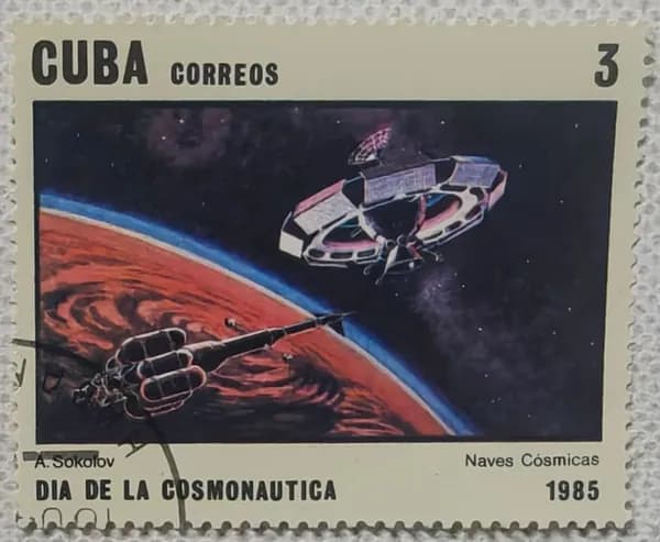 Марка Кубы 1985 года с космическим кораблем