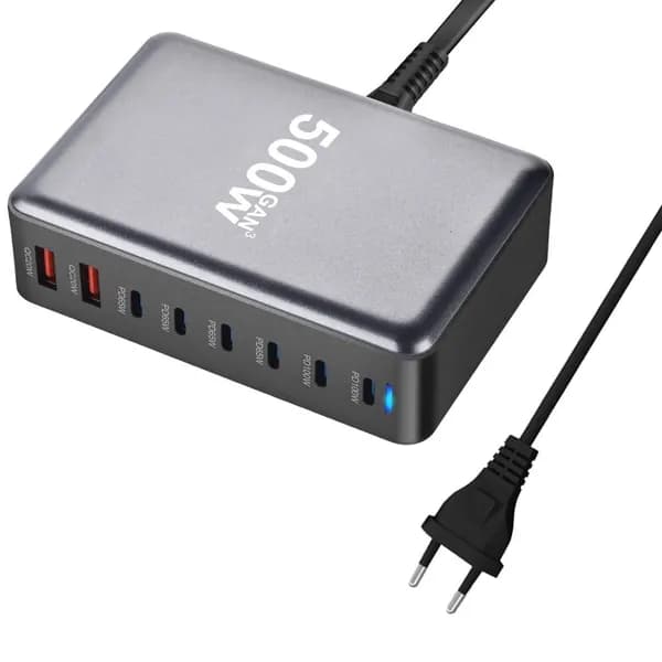 500W 8 Port Gans Chargers Станция быстрого зарядки 6 USB C 2 A Adapters PD, Черный - ЕС вилка