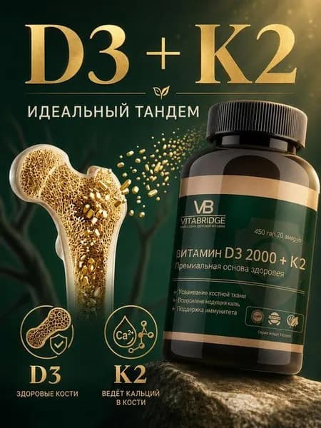 Витамин Д3 2000 МЕ К2 MK-7 VitaBridge, витамин д3 к2 2000 для иммунитета и костей, для взрослых мужчин и женщин, 30 капсул