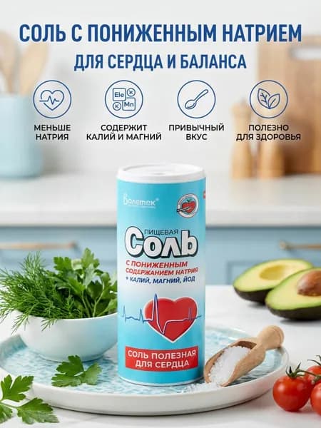 Соль пищевая Валетек с пониж. содерж. натрия + калий, магний, йод, Россия, туба, 500 г х 1шт