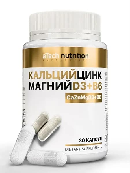 Кальций магний цинк + витамин Д3 + В6 30 капсул Ca Mg Zn aTech Nutrition