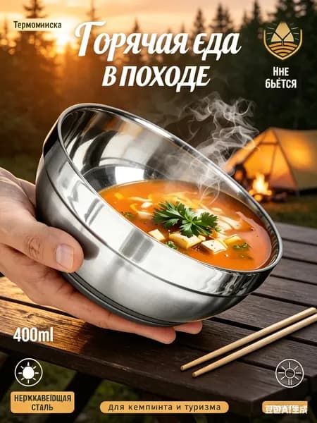 Термомиска походная 400 мл из нержавеющей стали, миска с двойными стенками для кемпинга, небьющаяся, 12 см.