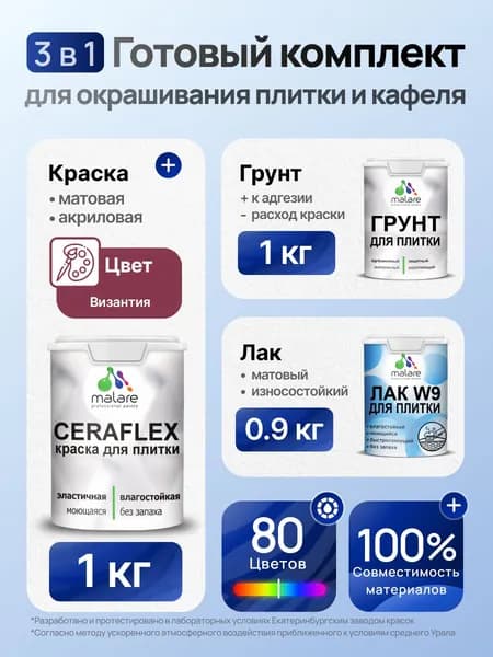 Комплект Malare LIPPO для окрашивания плитки и кафеля (1кг грунт + 1 кг краска + 0.9кг лак), акриловый, без запаха, быстросохнущий, матовый, цвет византия