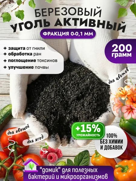 Активный биочар 200 грамм для комнатных растений, почвоулучшатель для сада и огорода (1 литр)
