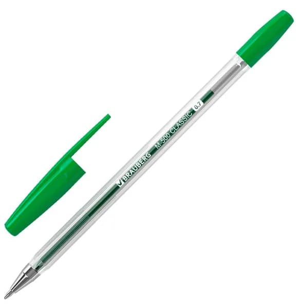 Ручка шариковая, ЗЕЛЕНАЯ, узел 0.7 мм, линия письма 0.35 мм. // BRAUBERG "M-500 CLASSIC"