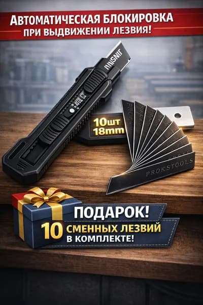 Безопасный нож с автоматическим замком18 мм, 1 лезвие + 10 сменных