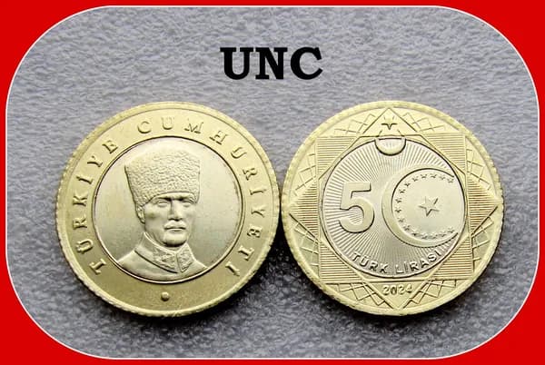 монета ТУРЦИЯ - 5 лир 2024 год Ататюрк - UNC
