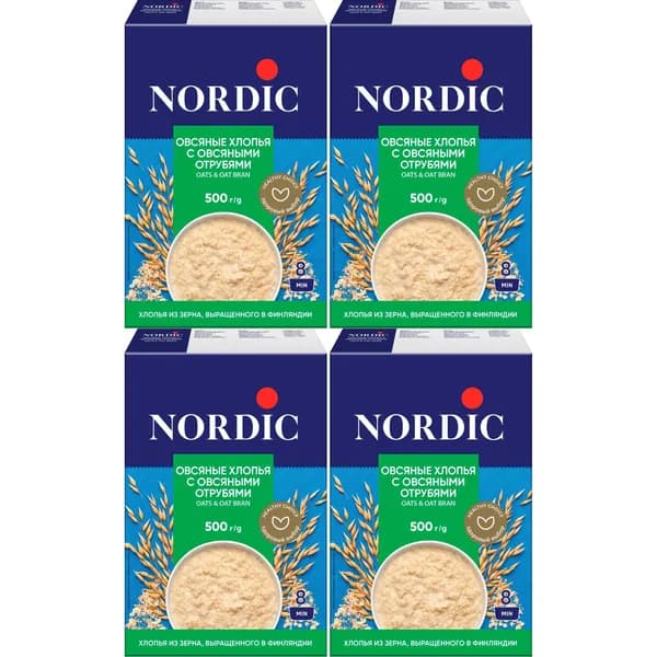 Хлопья Nordic овсяные с отрубями 500 г, набор: 4 штуки