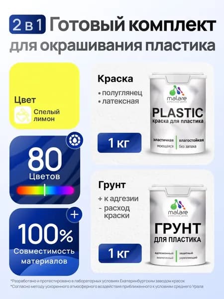 Комплект Malare для окрашивания пластика (1кг грунт + 1 кг краска), акриловый, без запаха, быстросохнущий, полуглянцевый, цвет спелый лимон
