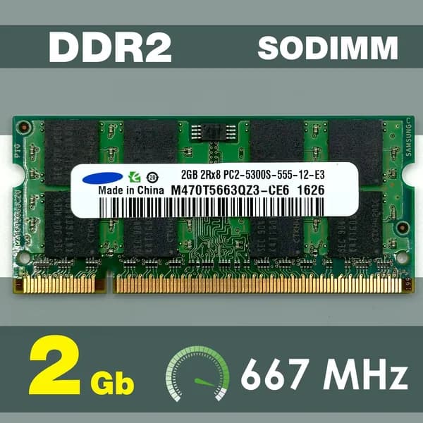 Оперативная память DDR2 2Gb 667 MHz SODIMM PC2-5300S для ноутбука DDR2, 667 МГц, 1 x (M470T566QZ3-CE6)