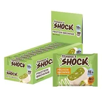 Fitnes Shock Protein brownie по 50 г 12 шт (Со вкусом фисташка), протеиновые брауни в шоколаде без сахара