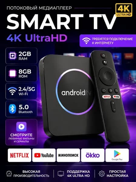 Медиаплеер Медиаплеер Смарт ТВ приставка 8K  Android, 8 ГБ/128 ГБ, Wi-Fi, ИК-порт (IrDA), черно-серый