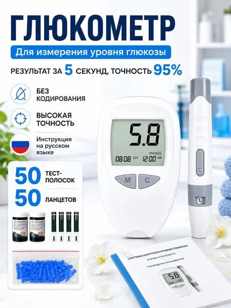 Глюкометр с тест-полосками 50 шт + ланцетами 50 шт позволяет быстро и точно измерять сахар в крови.