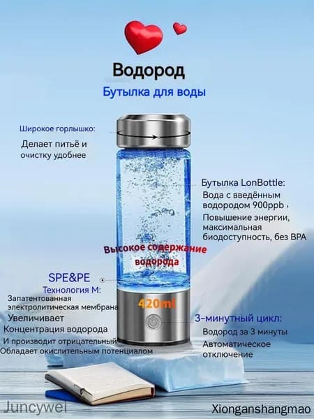 Генератор водородной воды 420 мл SPE/PEM 900ppb USB заряд без BPA