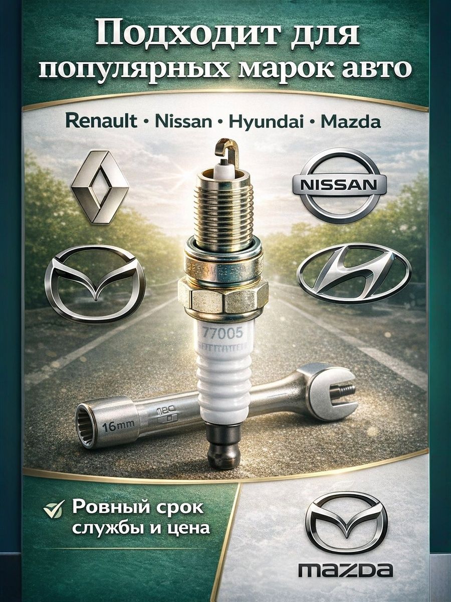 Cвечей зажигания RENAULT 7700500155 для а/м Renault Logan, Sandero, Duster, с двигателями 1.6 16V K4M, 2.0 16V F4R