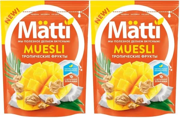 Matti Готовый завтрак Мюсли Тропические фрукты, 250 гр, дой-пак, 2 уп