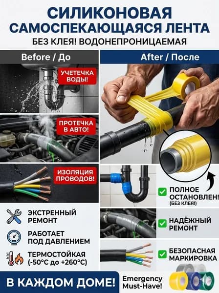 Силиконовая лента самовулканизирующаяся, водонепроницаемая изолента-от протечек труб, для ремонта шлангов авто и сантехники