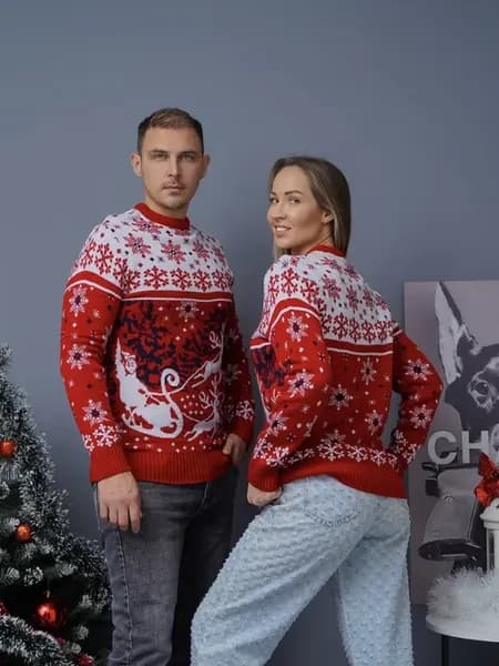 Свитер с оленями family look шерстяной