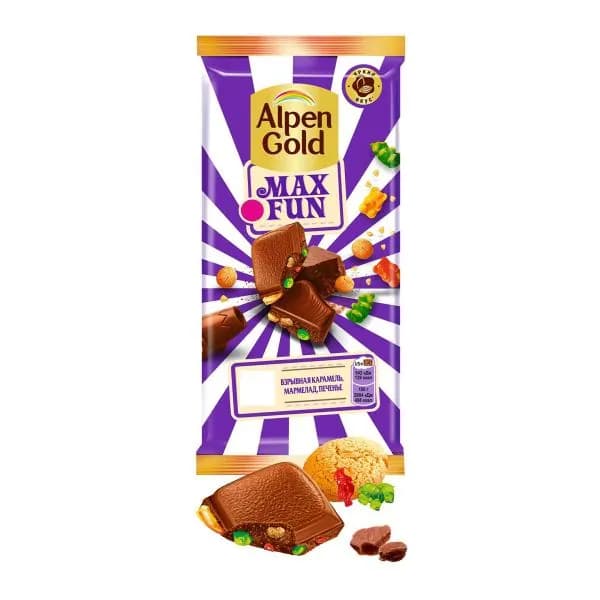 Шоколад Alpen Gold Max Fun Взрывная карамель мармелад печенье 140г