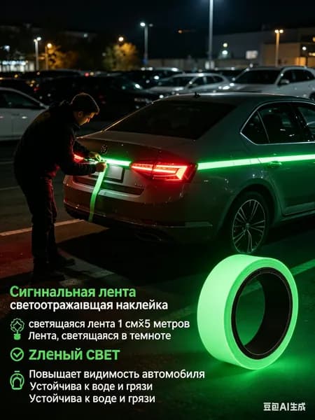 Светящаяся в темноте и светоотражающая сигнальная лента-наклейка, зеленая, 1 см x 5 м.